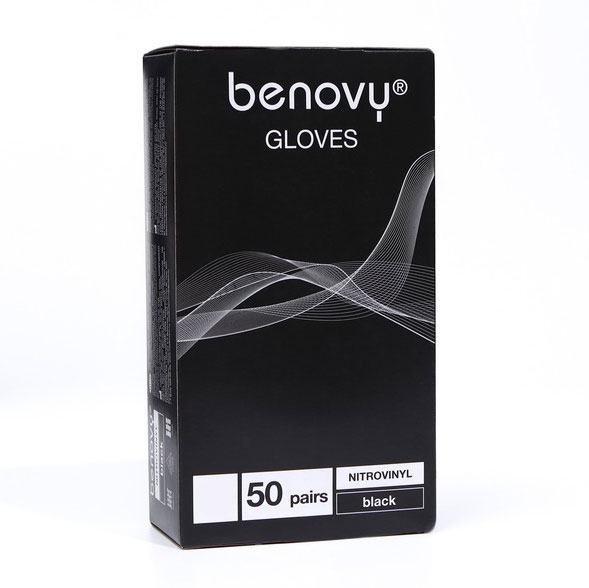 Перчатки нитровиниловые черные "Benovy" 100шт размер XL — изображение 2